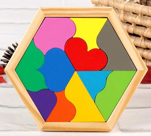 Wooden Hexagon Puzzle for Kid Shape Pattern Block Brain Teaser Puzzles Wood Block Puzzle Geometric Tangram Puzzle Blocks Game STEM Montessori Educational Gift for Kids (Classic Brown) in Saudi Arabia