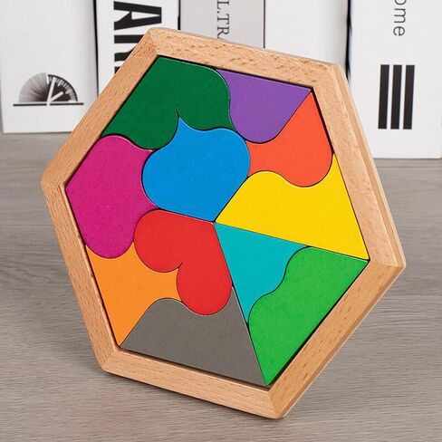 Wooden Hexagon Puzzle for Kid Shape Pattern Block Brain Teaser Puzzles Wood Block Puzzle Geometric Tangram Puzzle Blocks Game STEM Montessori Educational Gift for Kids (Classic Brown) in Saudi Arabia