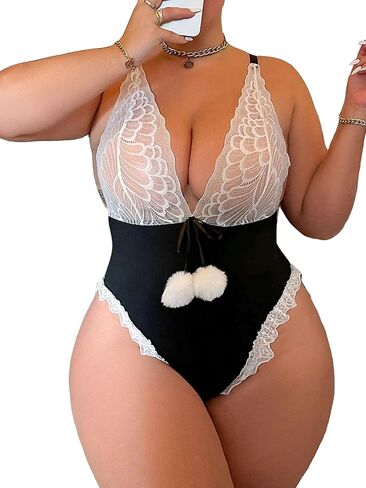 WDIRARA Women's Plus Size Contrast Lace Ruffle Trim Underwear Bow Front Deep V Neck Criss Cross Lingerie Sets in Saudi Arabia