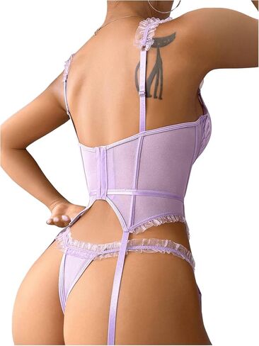 RoseSeek Women's Lace Trim See Through Corset Garter Belt Lingerie Bow Knot Teddy Bodysuit Chemise in Saudi Arabia