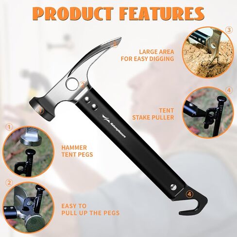Naturepleasure Aluminum Camping Peg Hammer with Hook, 8.7" Lightweight Portable Multi-Functional Tent Stake Remover for Outdoor,Black in Saudi Arabia