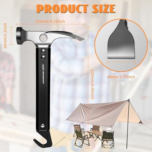 Naturepleasure Aluminum Camping Peg Hammer with Hook, 8.7" Lightweight Portable Multi-Functional Tent Stake Remover for Outdoor,Black in Saudi Arabia