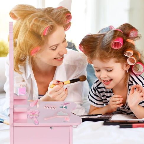 مجموعة BRINJOY الخشبية للأطفال، مجموعة لعب صالون التجميل على سطح الطاولة مع ملحقات وأدراج، لعبة طاولة الغرور لمكياج الأميرة مع مرآة للفتيات الصغيرات بعمر 3-8 سنوات in Kuwait