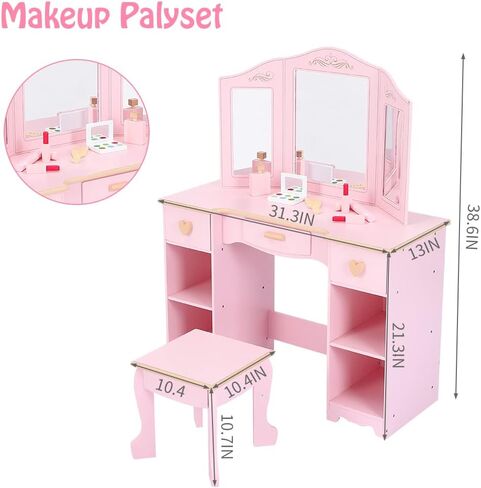 مجموعة طاولة ومقعد الزينة للفتيات من بوفي، طاولة تزيين مكياج للأطفال مع لعبة مجموعة مكياج خشبية، مجموعة زينة للأطفال مع مرآة ودرج للأعمار من 4 إلى 9 سنوات، وردي in Kuwait
