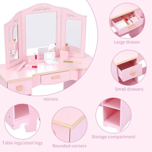 مجموعة طاولة ومقعد الزينة للفتيات من بوفي، طاولة تزيين مكياج للأطفال مع لعبة مجموعة مكياج خشبية، مجموعة زينة للأطفال مع مرآة ودرج للأعمار من 4 إلى 9 سنوات، وردي in Kuwait