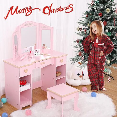 مجموعة طاولة ومقعد الزينة للفتيات من بوفي، طاولة تزيين مكياج للأطفال مع لعبة مجموعة مكياج خشبية، مجموعة زينة للأطفال مع مرآة ودرج للأعمار من 4 إلى 9 سنوات، وردي in Kuwait