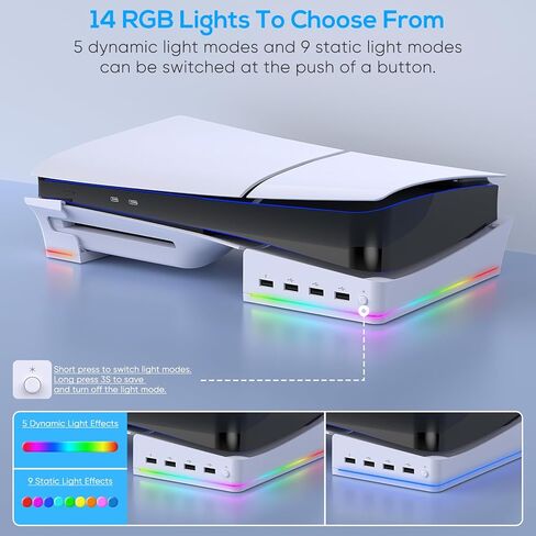 حامل أفقي مع ضوء RGB لجهاز PS5 Slim، حامل قاعدة مستلقي لأقراص Playstation 5 Slim Disc/الإصدار الرقمي مع 14 ضوءًا ملونًا و4 منافذ USB، دعامة ثابتة لملحقات PS5 Slim (أبيض) in Kuwait