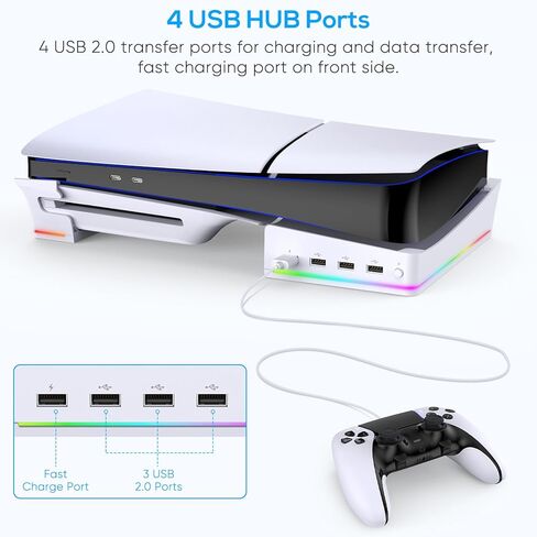 حامل أفقي مع ضوء RGB لجهاز PS5 Slim، حامل قاعدة مستلقي لأقراص Playstation 5 Slim Disc/الإصدار الرقمي مع 14 ضوءًا ملونًا و4 منافذ USB، دعامة ثابتة لملحقات PS5 Slim (أبيض) in Kuwait