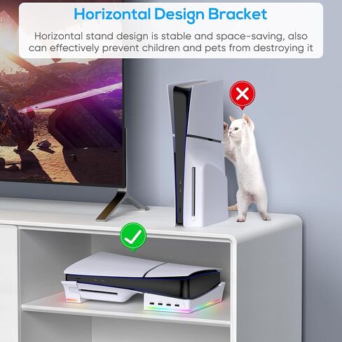 حامل أفقي مع ضوء RGB لجهاز PS5 Slim، حامل قاعدة مستلقي لأقراص Playstation 5 Slim Disc/الإصدار الرقمي مع 14 ضوءًا ملونًا و4 منافذ USB، دعامة ثابتة لملحقات PS5 Slim (أبيض) in Kuwait