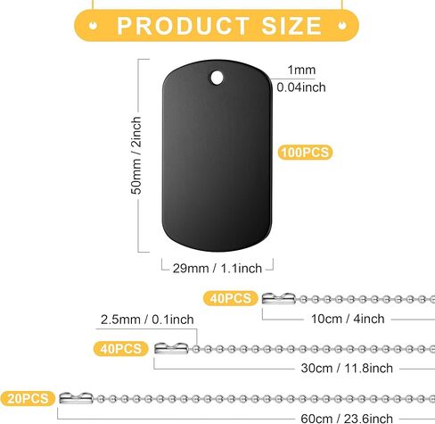 Dog Tags Set, 200Pcs Blank Military Dog Tags Engraved for Pets,Including 100pcs Black Aluminum Tags Rectangle Blank Discs,100 Pcs Stainless Steel Dog tag Chain for DIY Decorative Craft Pet in Saudi Arabia