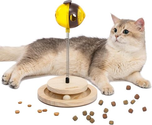 MEWOOFUN Cat Treat Dispenser Toy, Wooden Cat Treat Puzzle, Cat Treat Toy with Cat Ball Track, Cat Puzzle Feeder with Bees Cat Treat Ball, Cute Cat Puzzle Toy (Double) in Saudi Arabia