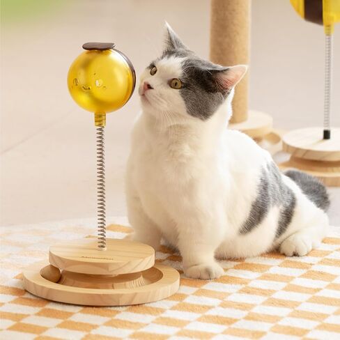 MEWOOFUN Cat Treat Dispenser Toy, Wooden Cat Treat Puzzle, Cat Treat Toy with Cat Ball Track, Cat Puzzle Feeder with Bees Cat Treat Ball, Cute Cat Puzzle Toy (Double) in Saudi Arabia