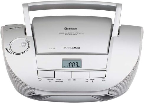 HANNLOMAX HX-328CD CD Boombox المحمول مع راديو AM/FM، بلوتوث، منفذ USB لتشغيل MP3، Aux-in (فضي) in Kuwait