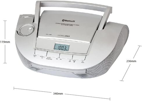 HANNLOMAX HX-328CD CD Boombox المحمول مع راديو AM/FM، بلوتوث، منفذ USB لتشغيل MP3، Aux-in (فضي) in Kuwait