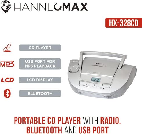 HANNLOMAX HX-328CD CD Boombox المحمول مع راديو AM/FM، بلوتوث، منفذ USB لتشغيل MP3، Aux-in (فضي) in Kuwait
