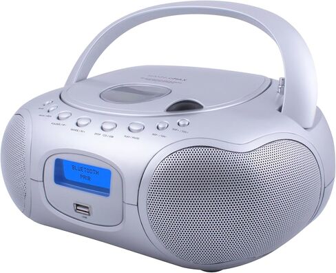 HANNLOMAX HX-309CD Portable CD/MP3 Boombox, AM/FM Radio, Bluetooth, USB Port for MP3 Playback, Aux-in, LCD Display, AC/DC Operated (Silver) in Saudi Arabia