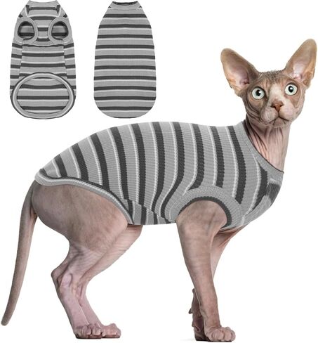 BRKURLEG Hairless Cats T Shirt Grey Stripes Pullover Kitten Shirts Sleeveless Summer Round Collar Cotton Cat Wear Vest for Cornish Rex Devon Rex Peterbald and Small Dogs Sweater in Saudi Arabia