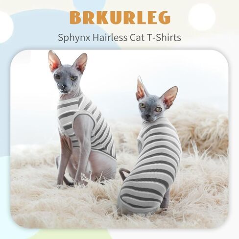 BRKURLEG Hairless Cats T Shirt Grey Stripes Pullover Kitten Shirts Sleeveless Summer Round Collar Cotton Cat Wear Vest for Cornish Rex Devon Rex Peterbald and Small Dogs Sweater in Saudi Arabia