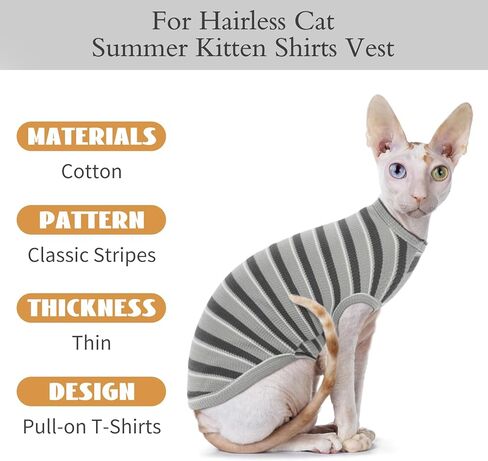 BRKURLEG Hairless Cats T Shirt Grey Stripes Pullover Kitten Shirts Sleeveless Summer Round Collar Cotton Cat Wear Vest for Cornish Rex Devon Rex Peterbald and Small Dogs Sweater in Saudi Arabia