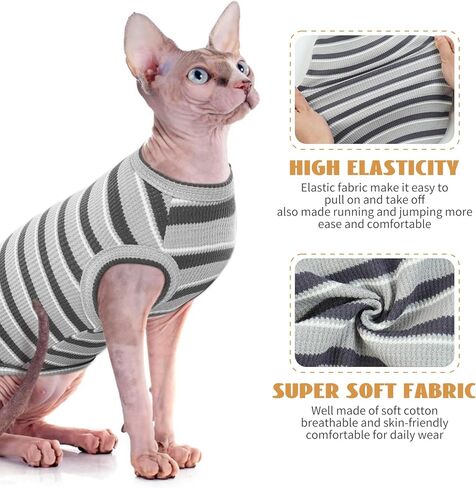 BRKURLEG Hairless Cats T Shirt Grey Stripes Pullover Kitten Shirts Sleeveless Summer Round Collar Cotton Cat Wear Vest for Cornish Rex Devon Rex Peterbald and Small Dogs Sweater in Saudi Arabia