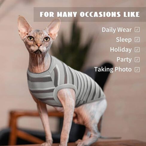 BRKURLEG Hairless Cats T Shirt Grey Stripes Pullover Kitten Shirts Sleeveless Summer Round Collar Cotton Cat Wear Vest for Cornish Rex Devon Rex Peterbald and Small Dogs Sweater in Saudi Arabia