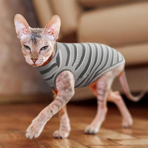 BRKURLEG Hairless Cats T Shirt Grey Stripes Pullover Kitten Shirts Sleeveless Summer Round Collar Cotton Cat Wear Vest for Cornish Rex Devon Rex Peterbald and Small Dogs Sweater in Saudi Arabia