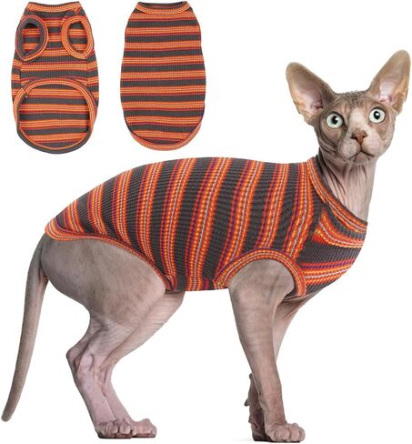 BRKURLEG Hairless Cats T Shirt Grey Stripes Pullover Kitten Shirts Sleeveless Summer Round Collar Cotton Cat Wear Vest for Cornish Rex Devon Rex Peterbald and Small Dogs Sweater in Saudi Arabia
