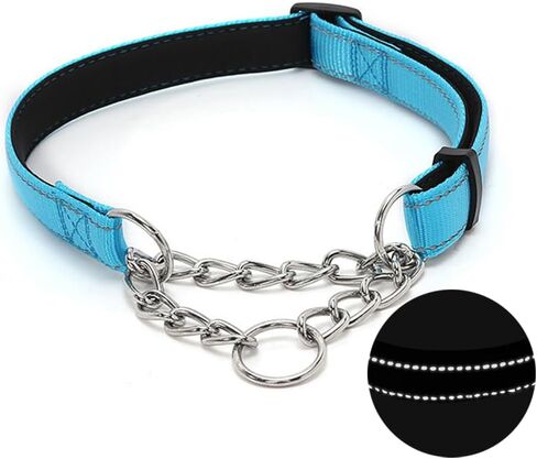 Martingale Dog Collar with Stainless Steel Chain, Adjustable Soft Padded Nylon Reflective Collar, No Pull Heavy Duty Chain Walking Training Colllars for Large, Medium, Small Dogs(Blue, 10.6" - 15.7") in Saudi Arabia