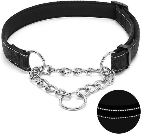 Martingale Dog Collar with Stainless Steel Chain, Adjustable Soft Padded Nylon Reflective Collar, No Pull Heavy Duty Chain Walking Training Colllars for Large, Medium, Small Dogs(Blue, 10.6" - 15.7") in Saudi Arabia