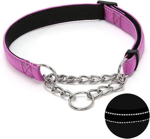 Martingale Dog Collar with Stainless Steel Chain, Adjustable Soft Padded Nylon Reflective Collar, No Pull Heavy Duty Chain Walking Training Colllars for Large, Medium, Small Dogs(Blue, 10.6" - 15.7") in Saudi Arabia