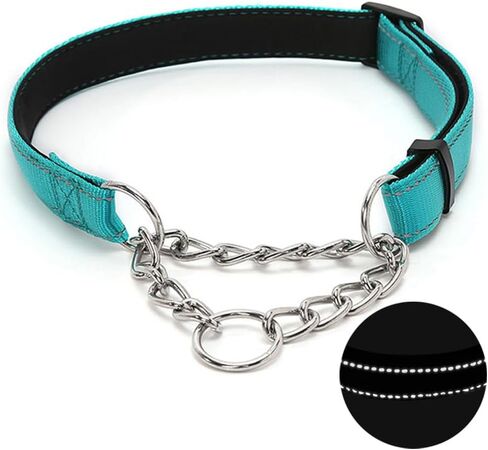 Martingale Dog Collar with Stainless Steel Chain, Adjustable Soft Padded Nylon Reflective Collar, No Pull Heavy Duty Chain Walking Training Colllars for Large, Medium, Small Dogs(Blue, 10.6" - 15.7") in Saudi Arabia