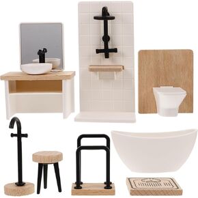 Dollhouse Bathroom Set Mini Shower Room: Bathtub, Toilet, Towel Rack, Sink with Mirror and Washbasin, 1 12 Scale Dollhouse Furniture and Accessories Set in Kuwait