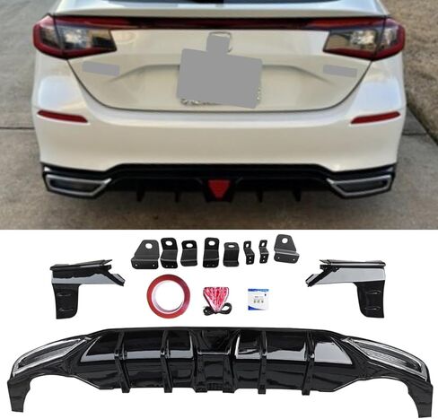 Rear Bumper Diffuser Splitter Lip with Side Aprons + LED Brake Light Fits for 2022 2023 2024 2025 Honda Civic Sport LX EX-L Hatchback Air Dam Rear Lower Diffuser Spoiler Gloss Black PP in Saudi Arabia