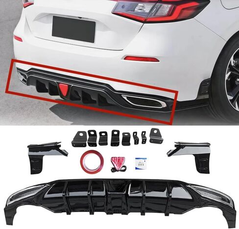 Rear Bumper Diffuser Splitter Lip with Side Aprons + LED Brake Light Fits for 2022 2023 2024 2025 Honda Civic Sport LX EX-L Hatchback Air Dam Rear Lower Diffuser Spoiler Gloss Black PP in Saudi Arabia
