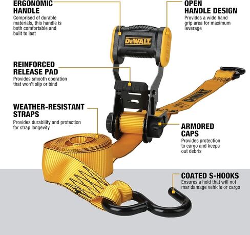 DEWALT DXBC18002 Black/Yellow 1.25" x 12' Ratchet Tie Down Straps - Light-Weight Cargo Hauling (1800 lb Break Strength), 2 Pack in Kuwait