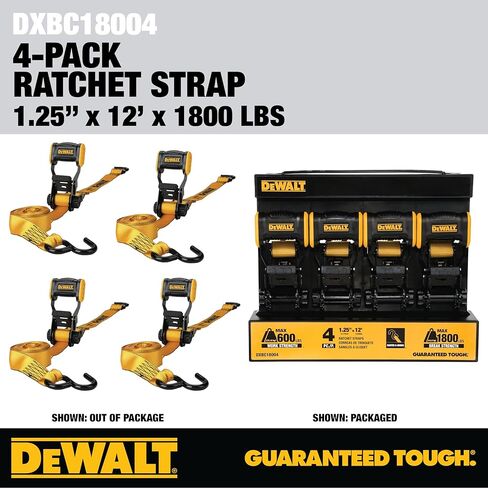 DEWALT DXBC18002 Black/Yellow 1.25" x 12' Ratchet Tie Down Straps - Light-Weight Cargo Hauling (1800 lb Break Strength), 2 Pack in Kuwait
