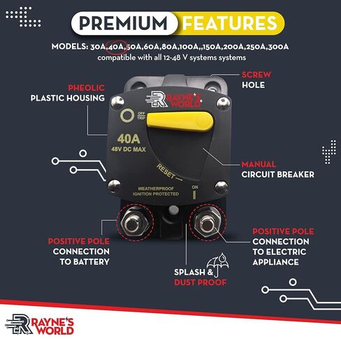 إعادة ضبط قاطع الدائرة الكهربائية الثقيلة 300 أمبير من Rayne's World DC 12-48V - صوت السيارة، البحرية، الشاحنة، محرك التصيد، ستيريو، RV، الطاقة الشمسية in Saudi Arabia