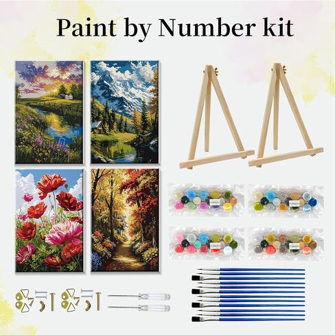JOOZ 4 Pack Paint by Numbers Kit for Adults with Frame Landscape Paint by Number with Easel DIY Flowers Oil Painting Kits for Home Wall Decor 8x12 Inch in Saudi Arabia