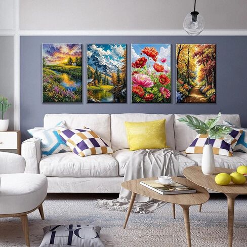 JOOZ 4 Pack Paint by Numbers Kit for Adults with Frame Landscape Paint by Number with Easel DIY Flowers Oil Painting Kits for Home Wall Decor 8x12 Inch in Saudi Arabia