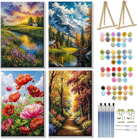 JOOZ 4 Pack Paint by Numbers Kit for Adults with Frame Landscape Paint by Number with Easel DIY Flowers Oil Painting Kits for Home Wall Decor 8x12 Inch in Saudi Arabia