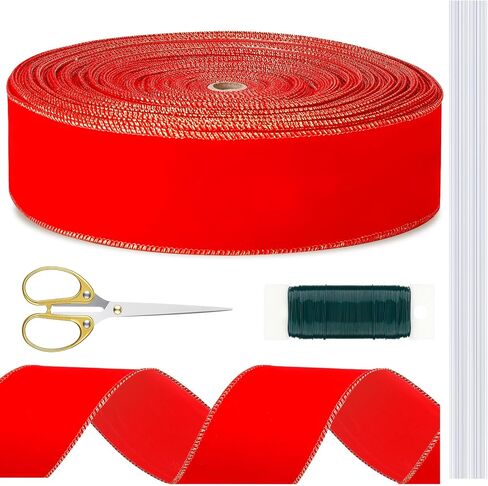 60 Yards Christmas Red Velvet Wired Ribbon with Gold Edge 2.5 Inch Large Ribbon Trim Tools for DIY Crafts Garland Wreath Tree Topper Floral Bouquets Gift Wrapping for Holiday Decoration in Saudi Arabia