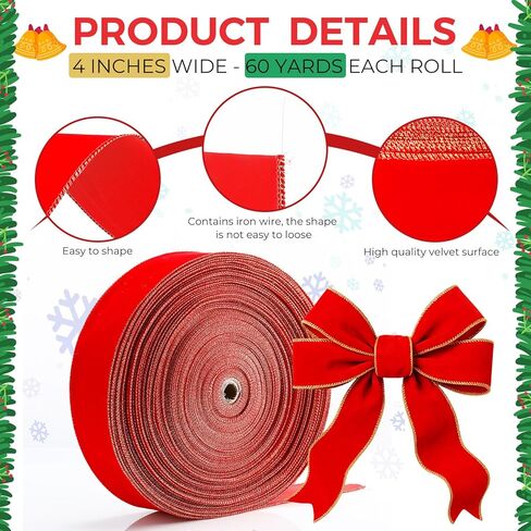 60 Yards Christmas Red Velvet Wired Ribbon with Gold Edge 2.5 Inch Large Ribbon Trim Tools for DIY Crafts Garland Wreath Tree Topper Floral Bouquets Gift Wrapping for Holiday Decoration in Saudi Arabia