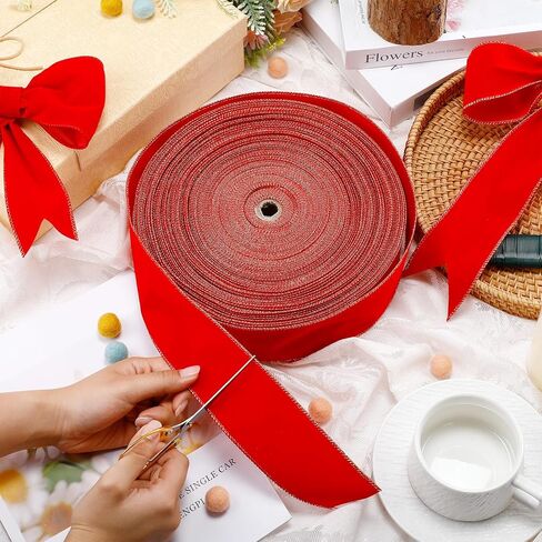 60 Yards Christmas Red Velvet Wired Ribbon with Gold Edge 2.5 Inch Large Ribbon Trim Tools for DIY Crafts Garland Wreath Tree Topper Floral Bouquets Gift Wrapping for Holiday Decoration in Saudi Arabia
