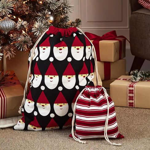 Hallmark Drawstring Christmas Gift Bag Set (2 Fabric Bags with Drawstrings; 1 Medium 10", 1 Extra Large 20") Santa, Red and White Stripe, 5XGB4902 in Saudi Arabia