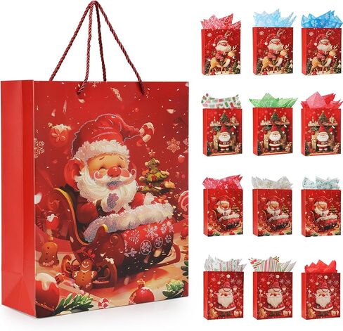 Rusikia 12 Christmas Gift Bags with 12 Tissues and 1 Satin Ribbon, Red Party Favor Bags Bulk with Handles, Glittery Cute Balls Father Christmas Paper Bag for Wrapping Holiday (Medium 10"x4"x12.6") in Saudi Arabia