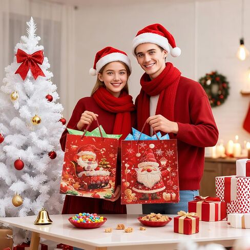 Rusikia 12 Christmas Gift Bags with 12 Tissues and 1 Satin Ribbon, Red Party Favor Bags Bulk with Handles, Glittery Cute Balls Father Christmas Paper Bag for Wrapping Holiday (Medium 10"x4"x12.6") in Saudi Arabia