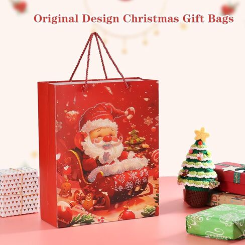 Rusikia 12 Christmas Gift Bags with 12 Tissues and 1 Satin Ribbon, Red Party Favor Bags Bulk with Handles, Glittery Cute Balls Father Christmas Paper Bag for Wrapping Holiday (Medium 10"x4"x12.6") in Saudi Arabia
