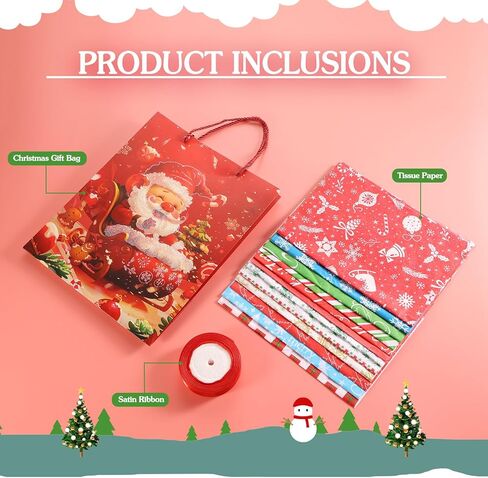Rusikia 12 Christmas Gift Bags with 12 Tissues and 1 Satin Ribbon, Red Party Favor Bags Bulk with Handles, Glittery Cute Balls Father Christmas Paper Bag for Wrapping Holiday (Medium 10"x4"x12.6") in Saudi Arabia