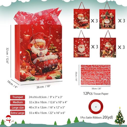 Rusikia 12 Christmas Gift Bags with 12 Tissues and 1 Satin Ribbon, Red Party Favor Bags Bulk with Handles, Glittery Cute Balls Father Christmas Paper Bag for Wrapping Holiday (Medium 10"x4"x12.6") in Saudi Arabia