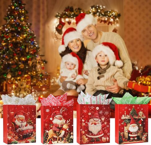 Rusikia 12 Christmas Gift Bags with 12 Tissues and 1 Satin Ribbon, Red Party Favor Bags Bulk with Handles, Glittery Cute Balls Father Christmas Paper Bag for Wrapping Holiday (Medium 10"x4"x12.6") in Saudi Arabia